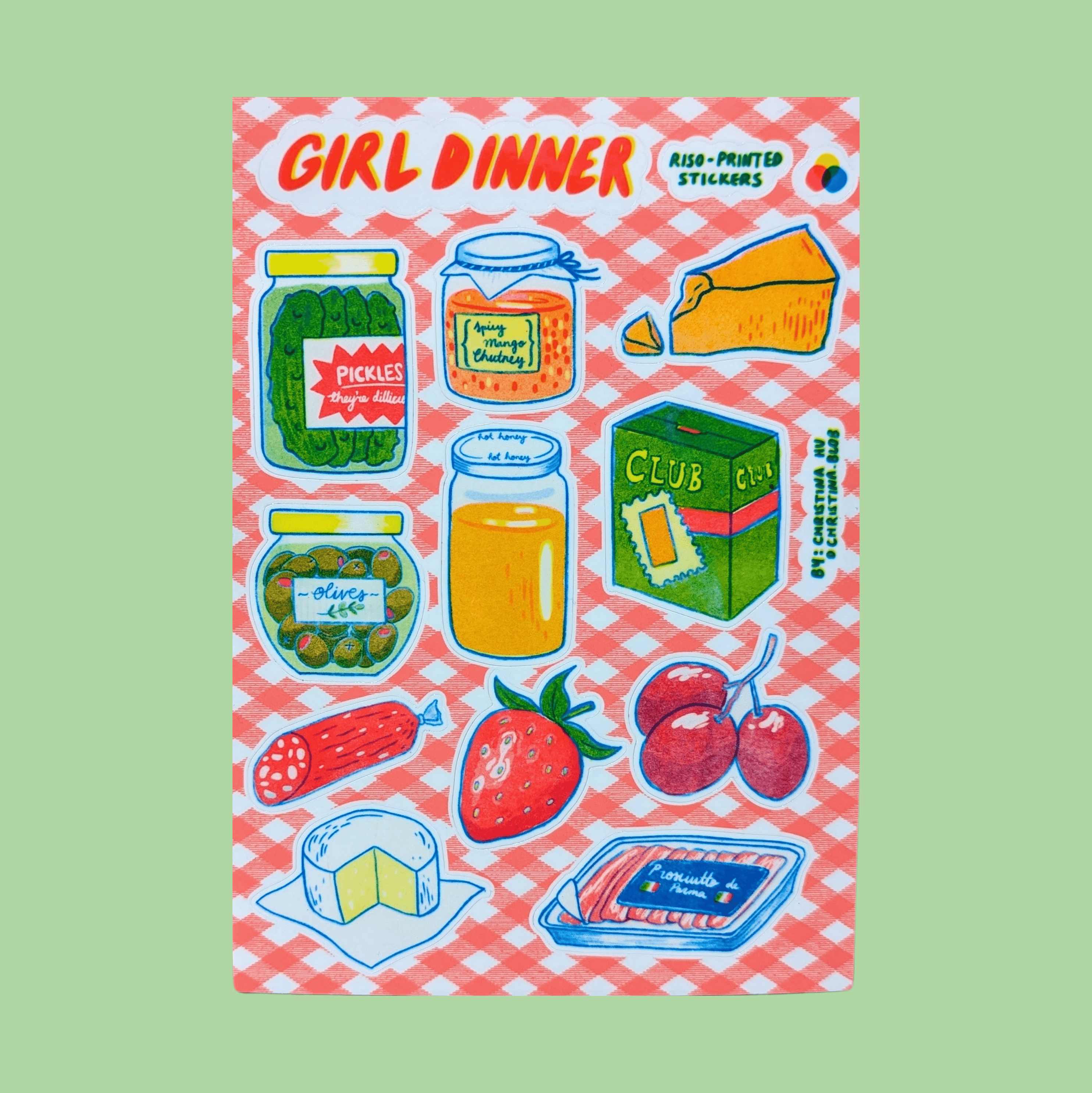 Girl Dinner Risograph Sticker Sheet | 5"x7" Waterproof Vinyl