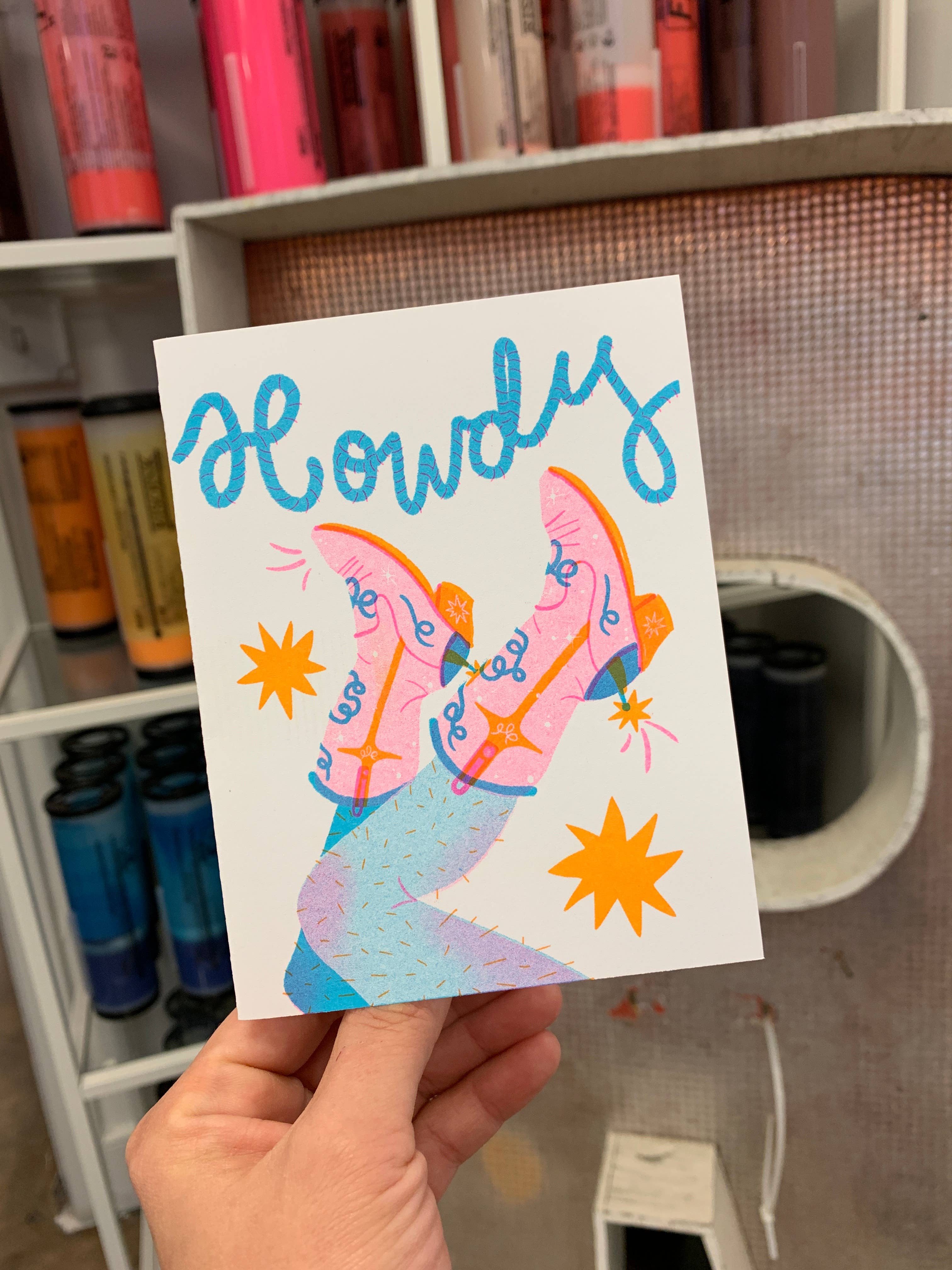 Howdy Cowgirl Risograph A2 Greeting Card