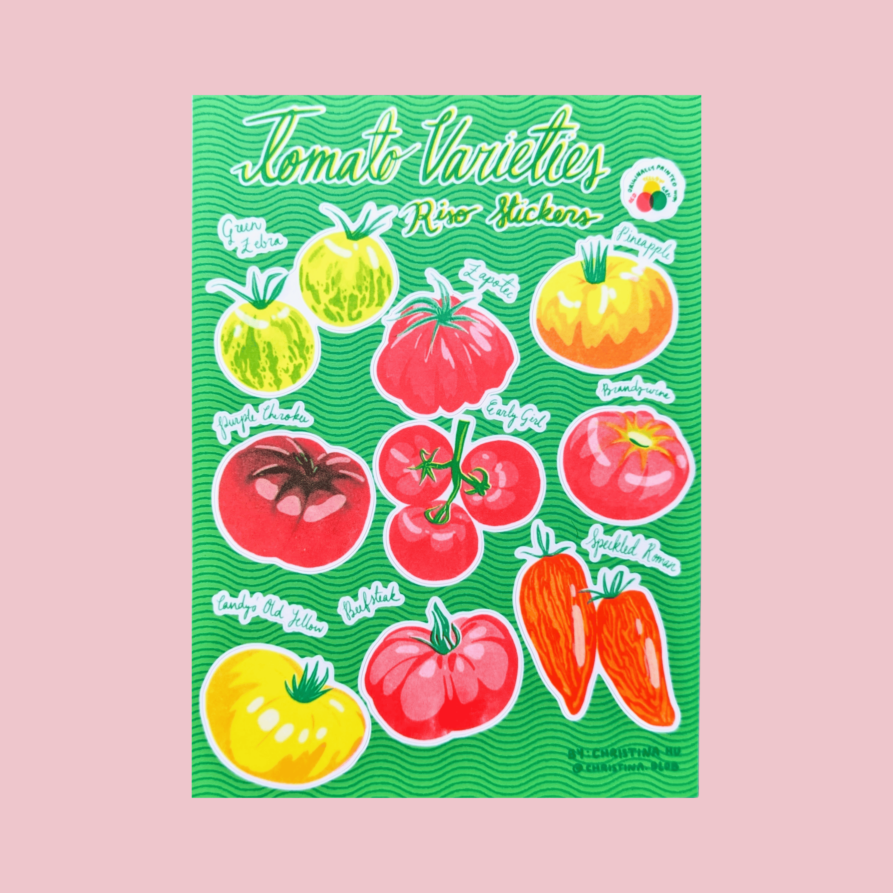Heirloom Tomato Varieties Risograph Sticker Sheet | 5"x7" Waterproof Vinyl