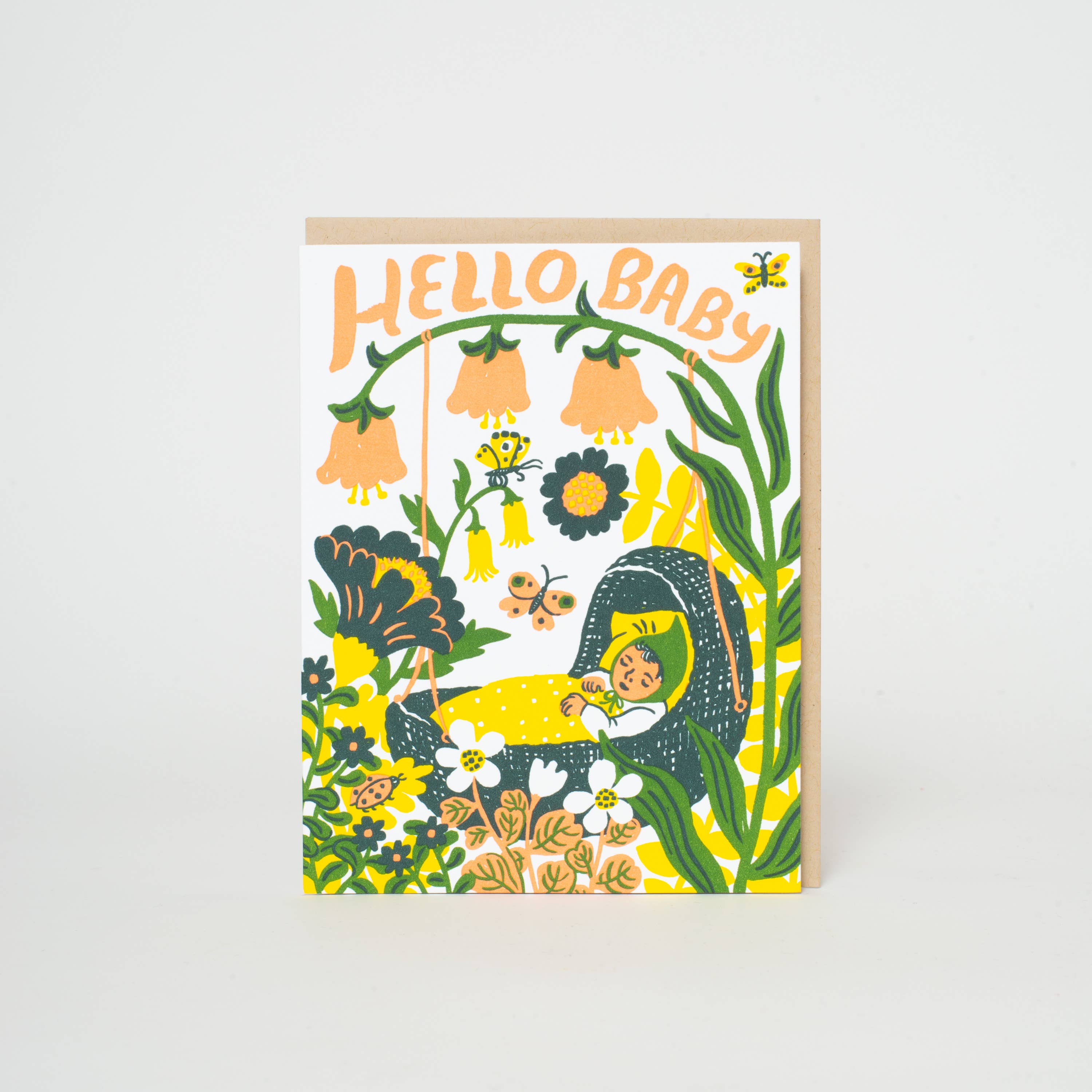 Hello Baby Bassinet (Yellow) Letterpress Greeting Card by Phoebe Wahl