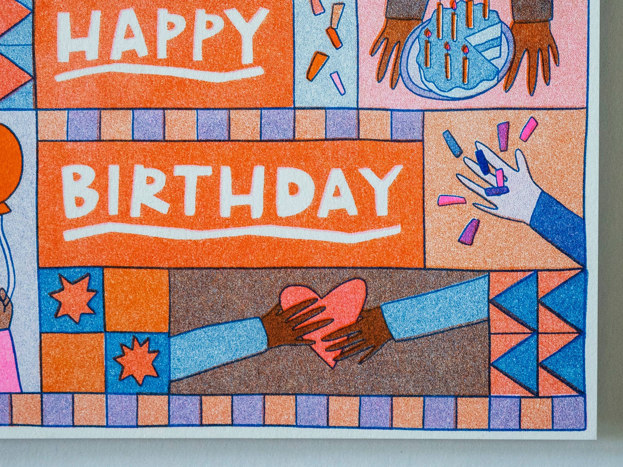Happy Birthday quilt hands - Risograph Greeting Card