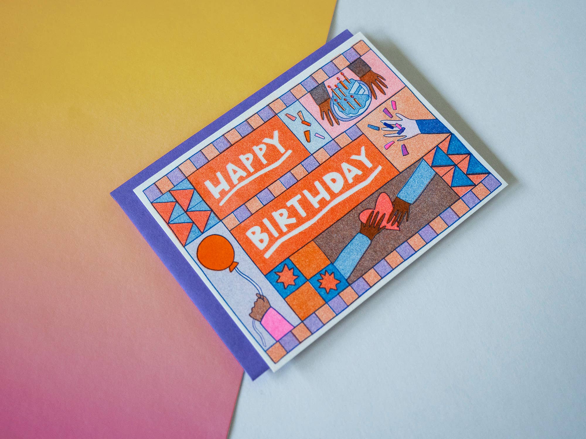 Happy Birthday quilt hands - Risograph Greeting Card