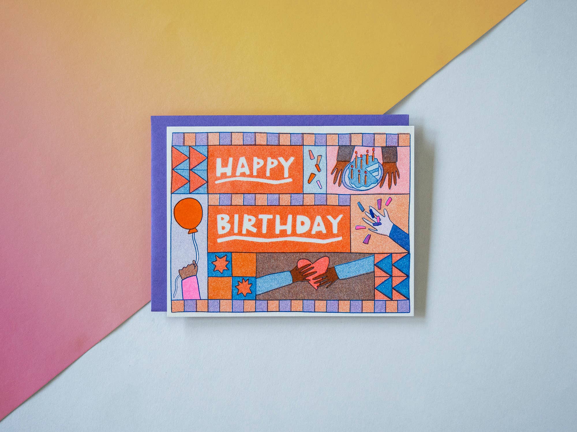 Happy Birthday quilt hands - Risograph Greeting Card