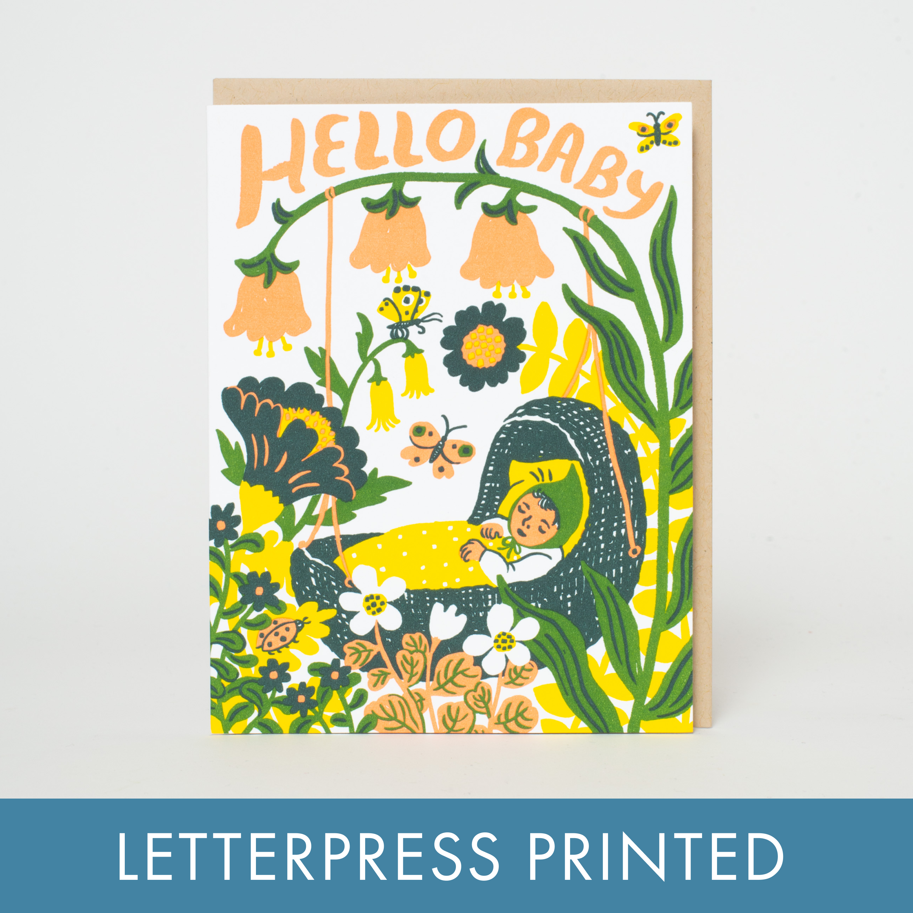 Hello Baby Bassinet (Yellow) Letterpress Greeting Card by Phoebe Wahl