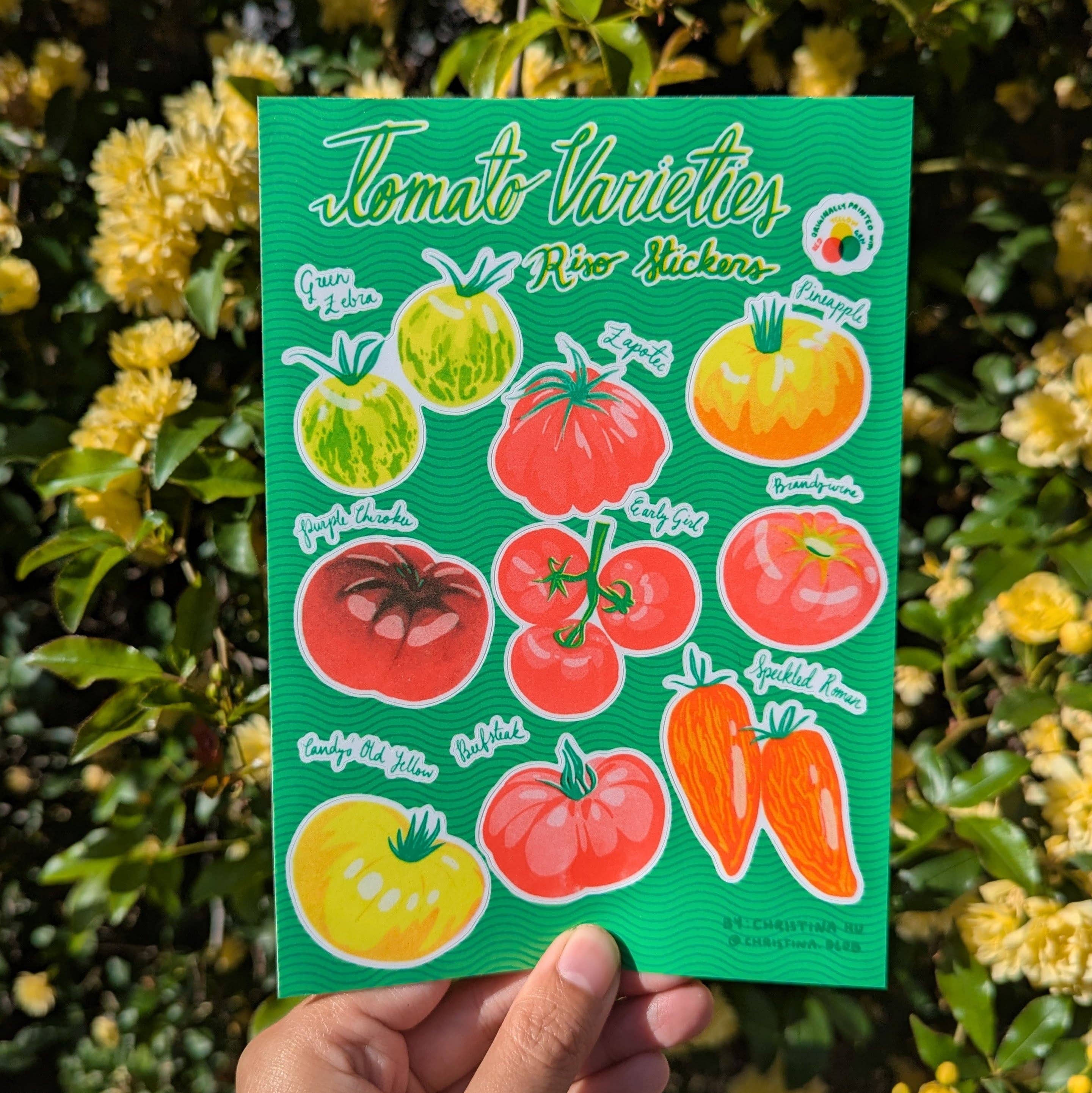 Heirloom Tomato Varieties Risograph Sticker Sheet | 5"x7" Waterproof Vinyl