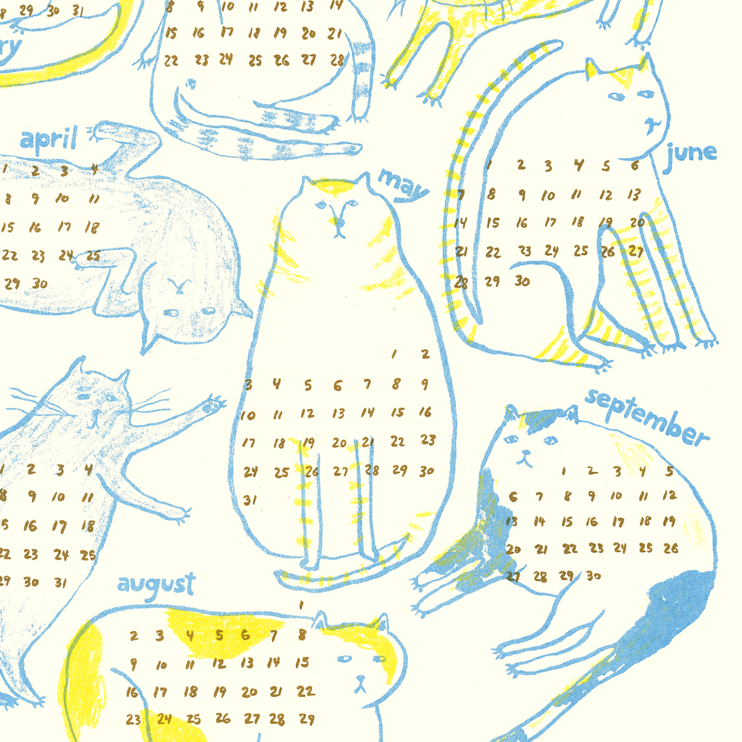 Cats 2026 Calendar Illustrated Risograph Print