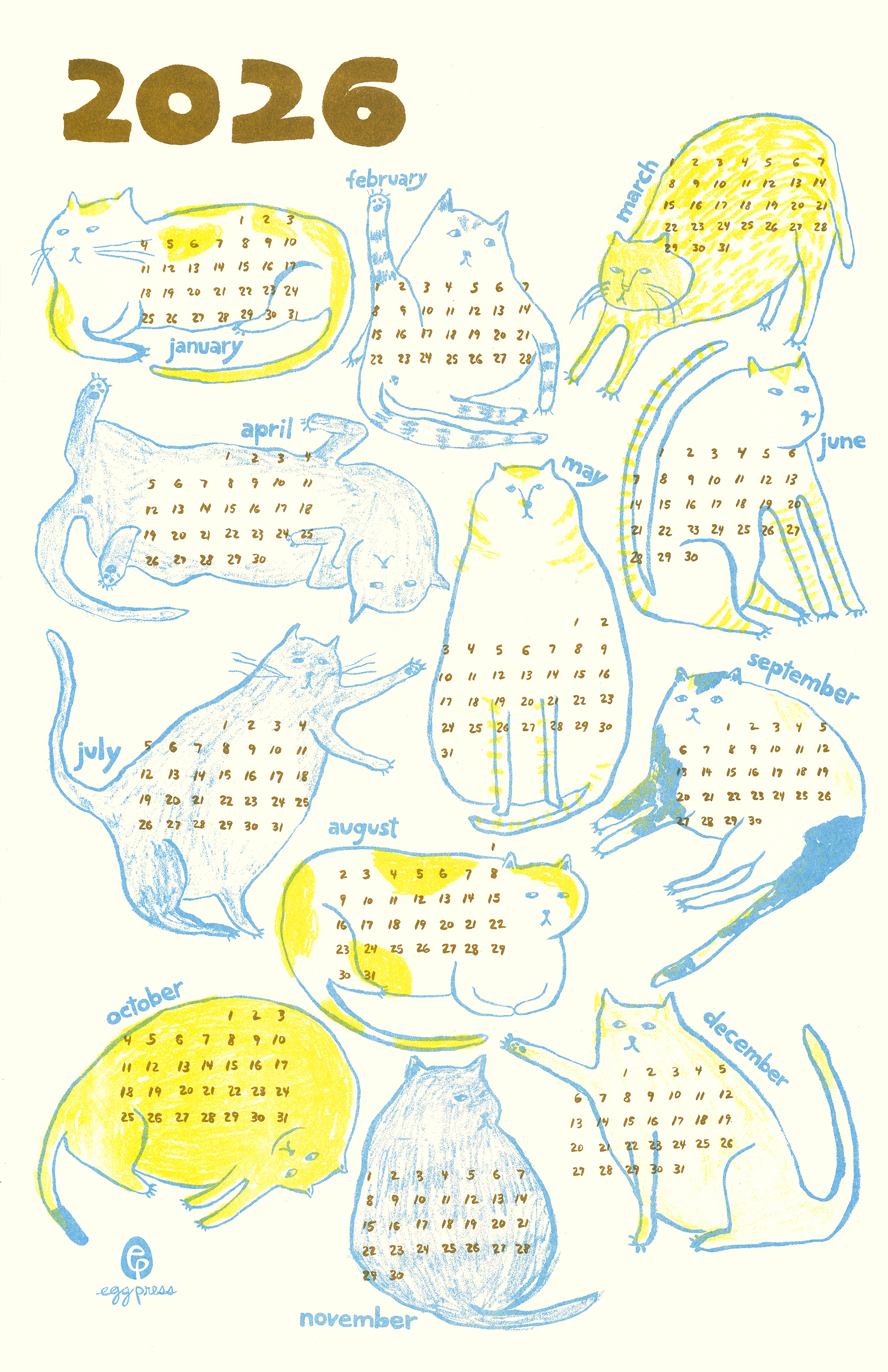 Cats 2026 Calendar Illustrated Risograph Print