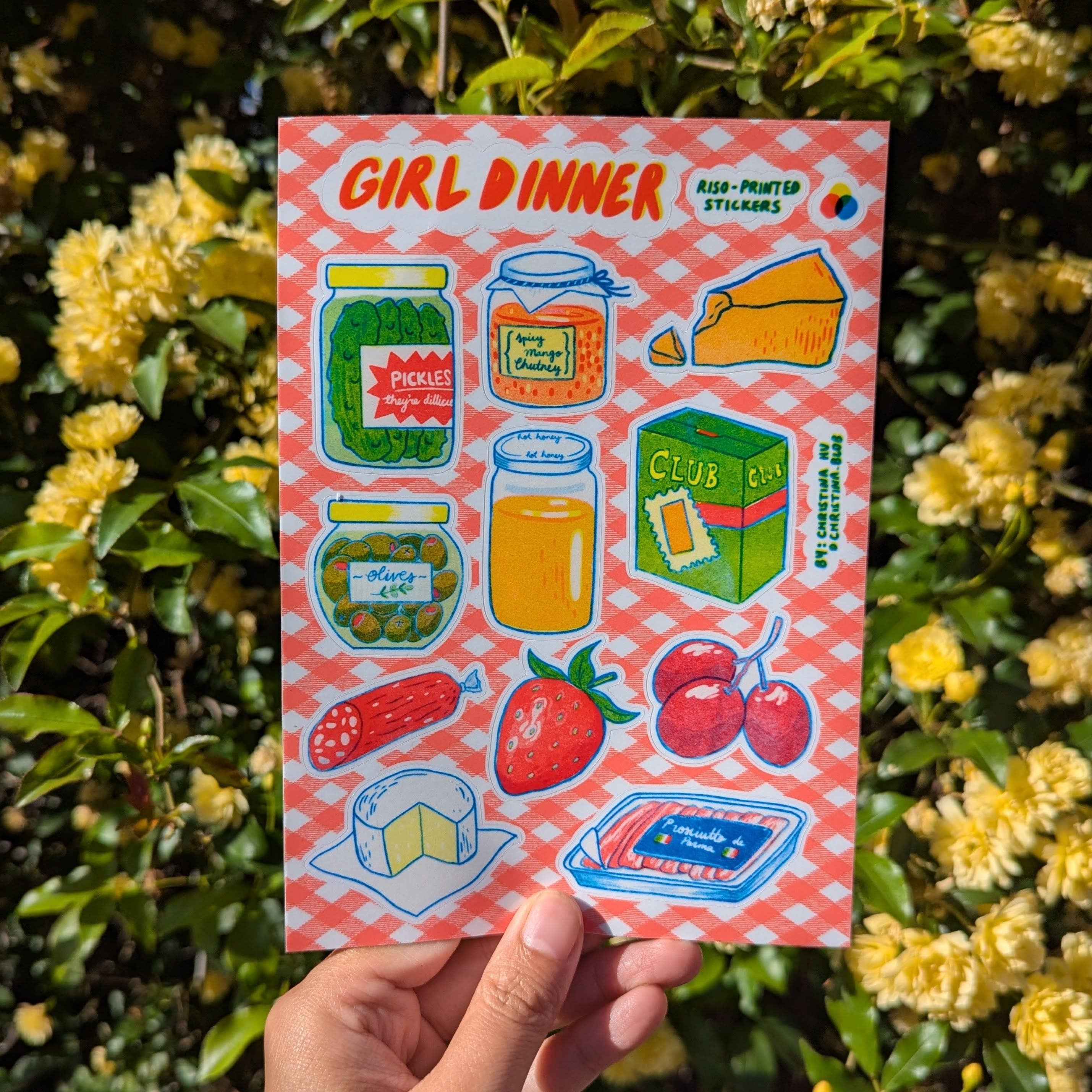 Girl Dinner Risograph Sticker Sheet | 5"x7" Waterproof Vinyl